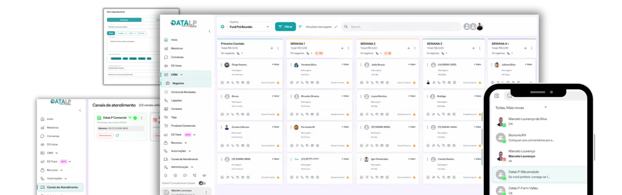Painel do CRM DataLP: funil de vendas em Kanban, atendimento no WhatsApp e agendamentos
